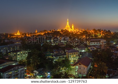View at dawn of the Shwedagon Pagoda Yangoon Myanmar View at dawn of the Shwedagon Pagoda Yangoon Myanmar