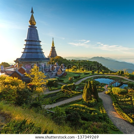 Landscape of two pagoda in an Inthanon mountain, Thailand.