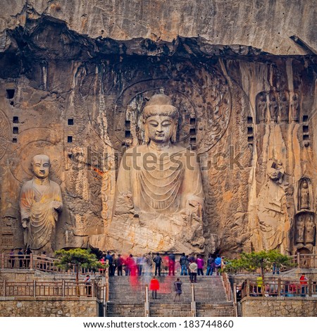 LUOYANG, CHINA -MAR 19: Visitors at Longmen grottoes on March 19, 2014.It is one of the four notable grottoes in Luoyang,Henan,China . A UNESCO World Heritage Site.