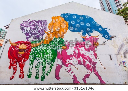 Singapore city, Singapore - August 8, 2015: Colorful painted walls and graffiti street art in the Little India neighborhood of Singapore.