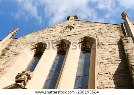 Ascension of our Lord church is a Catholic Parish in Gothic style at Westmount a suburb of Montreal, Quebec, Canada. Detail of the facade.