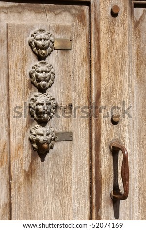 Old wooden door with bronze lion head shaped door bells