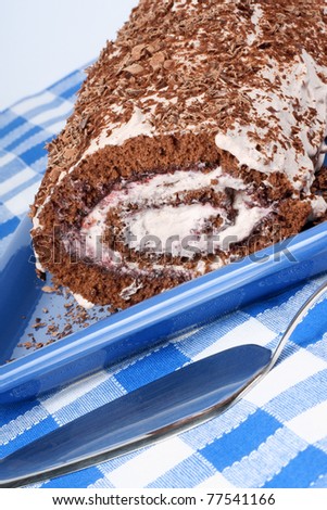 Chocolate swiss roll cake with berries marmalade and whipped cream over a chequered background. With copy-space