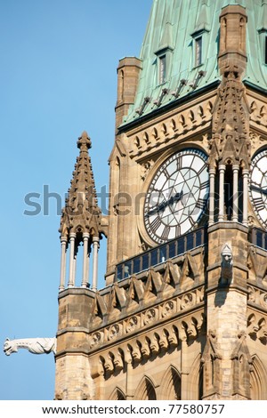 Detail of the tower of the Parliament of Canada in Ottawa in the morning light