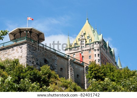 Chateau Frontenac in Quebec City on a cloudy day. View from the lower old city.