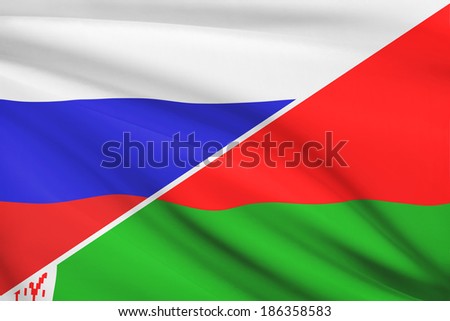 Flag of Russia and Belarus blowing in the wind. Part of a series.