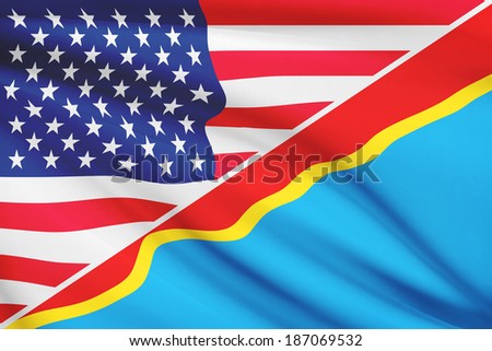 Flags of USA and Democratic Republic of the Congo blowing in the wind. Part of a series.