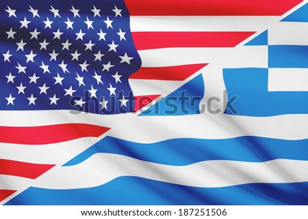 Flags of USA and Hellenic Republic - Greece - blowing in the wind. Part of a series.
