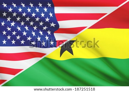 Flags of USA and Republic of Ghana blowing in the wind. Part of a series.