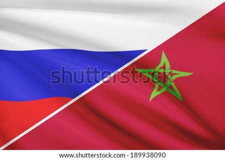 Flags of Russia and Kingdom of Morocco blowing in the wind. Part of a series.