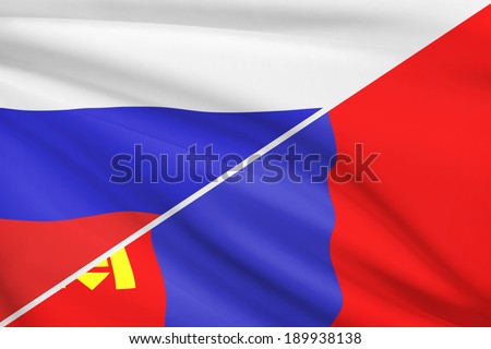 Flags of Russia and Mongolia blowing in the wind. Part of a series.
