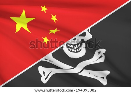 Flag of China and Jolly Roger pirate flag blowing in the wind. Part of a series.
