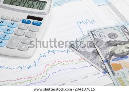 Stock market graph with 100 dollars banknote and calculator