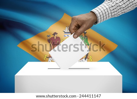 Voting concept - Ballot box with US state flag on background - Delaware