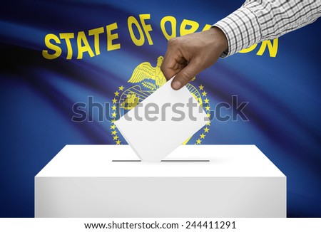 Voting concept - Ballot box with US state flag on background - Oregon