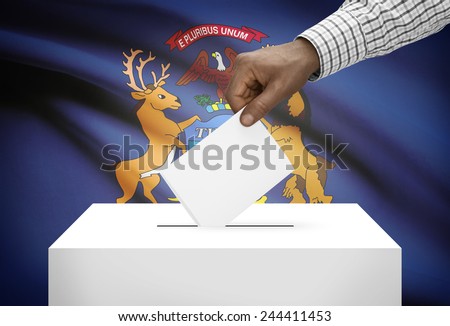 Voting concept - Ballot box with US state flag on background - Michigan