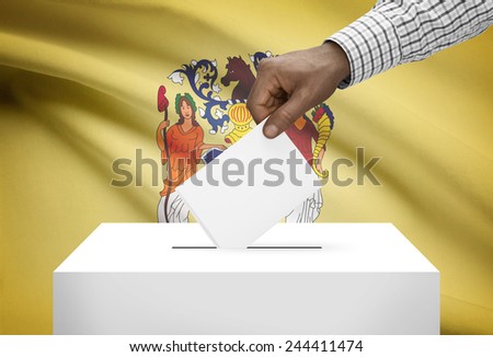 Voting concept - Ballot box with US state flag on background - New Jersey