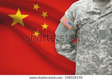 American soldier with flag on background - People\'s Republic of China