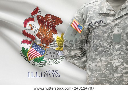 American soldier with US state flag on background - Illinois