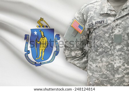 American soldier with US state flag on background - Massachusetts