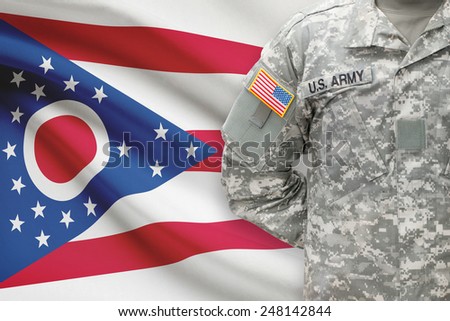 American soldier with US state flag on background - Ohio