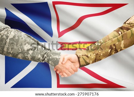 Soldiers handshake and Canadian province flag - Newfoundland and Labrador
