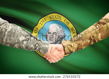 Soldiers handshake and US state flag - Washington