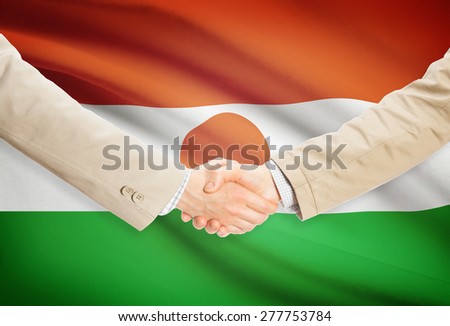 Businessmen shaking hands with flag on background - Niger