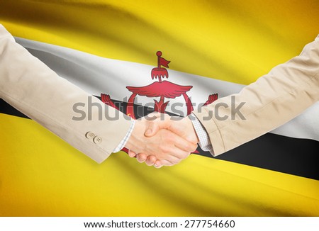 Businessmen shaking hands with flag on background - Brunei