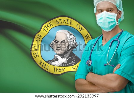 Surgeon with USA states flags on background - Washington