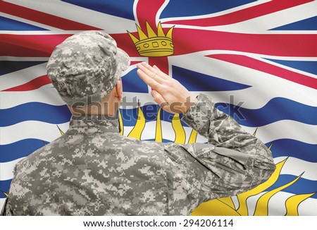 Soldier saluting to Canadial province flag conceptual series - British Columbia
