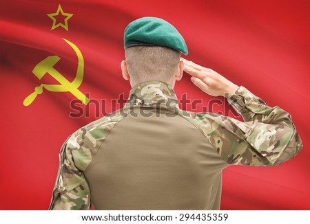 Soldier in hat facing national flag series - USSR - Soviet Union