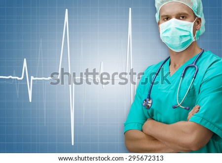 Dark skinned surgeon with ECG sign on dark blue background