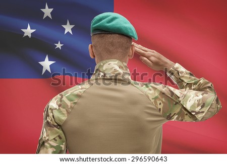 Dark-skinned soldier in hat facing national flag series - Samoa