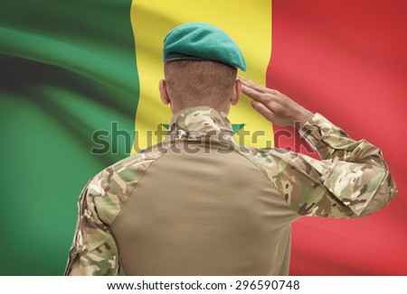 Dark-skinned soldier in hat facing national flag series - Senegal