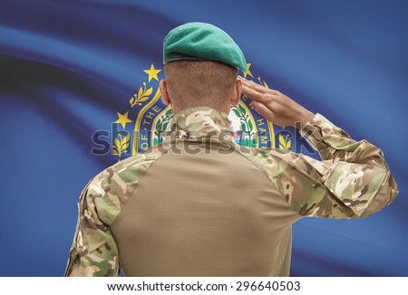 Dark-skinned soldier in hat facing US state flag series - New Hampshire