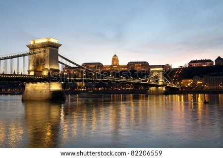 Hungarian landmarks, Chain Bridge and Buda Castle in Budapest by night. Long exposure.