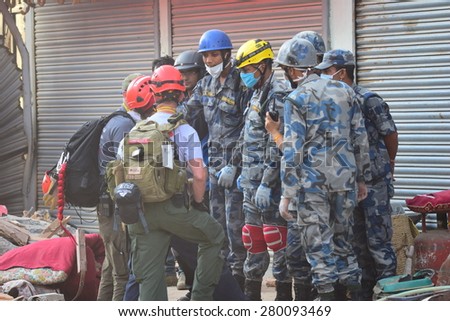 Kathmandu Napal - May 12 2015 : Rescue team and soldier after earthquake disaster