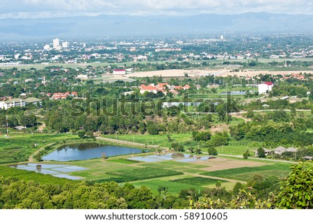 An urban farm land  and city view