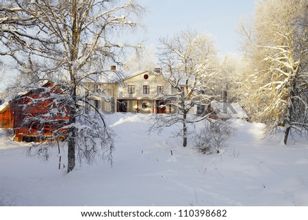 manor house and cottage, winter scenery from sweden, snow and ice