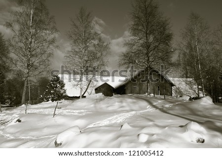 old farm, barn set in rural snowy winter landscape, duplex toning idea