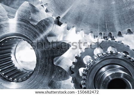 titanium and steel gears machinery, metal blue toning idea