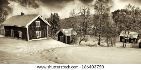 old rural winter scenery, cottages, winter and snow, sweden