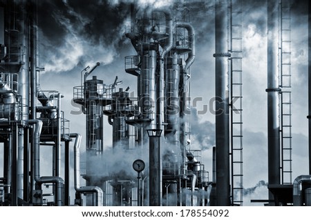 giant oil and gas refinery, smoke, fog and smog, special processing concept