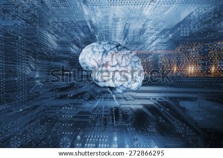 artificial intelligence and communication, brain and computer-part, slight zoom effect