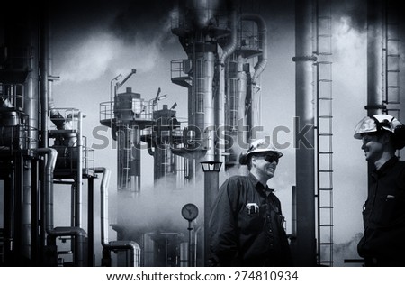 oil and gas workers at refinery industry vintage processing concept