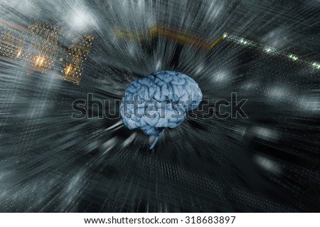artificial intelligence, human brain against computers circuit-board, zoom effect