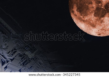 computers motherboard floating in space towards a large surreal moon, space-technology