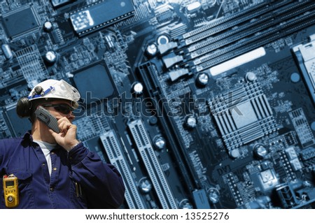 engineer in front of high-tech concept with microchips and circui-tboard