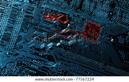 computers motherboad, circuit-board, technology and engineering concept in blue and red toning